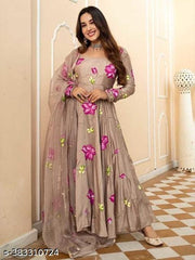 Eshanay Fashion Women's Georgette Flower Printed Straight Gown with Dupatta Set