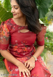 Organza Flower Print Red Kurtis puff Styling sleeve, Styling Design
