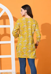 Womens Printed Pure Cotton Kurti in Yellow