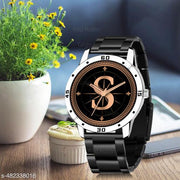 Natrix Analog Round Black Dial ALPHABET S Design Stylish Black Silicone Strap Classic Design Fancy Wrist Watch for Men and Boys, Pack of 1 - ALPHA-S-AVO-SIL-CDBLK