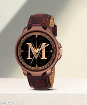Welix Analog Round Black Dial ALPHABET M Design Stylish Brown Leather Strap Classic Design Fancy Wrist Watch for Men and Boys, Pack of 1 - ALPHA-M-3K-BRW-CHL