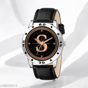 Natrix Analog Round Black Dial ALPHABET S Design Stylish Black Leather Strap Classic Design Fancy Wrist Watch for Men and Boys, Pack of 1 - ALPHA-S-AVO-SIL-BLK-L