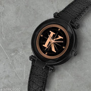 Atix ALPHABET "K" Stylish New Arrival Analog Watch - Trendy Round Black Dial and Black Leather Strap for Women and Girls| Pack of 1 | ALPHA-K-GEN-BK-BLK-CUTL