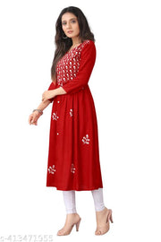 Women Embroidered Cotton Rayon Flared  Kurta  Anarkali Kurti Red