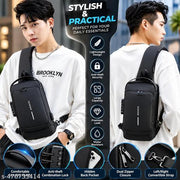 SKYFUN Waterproof Polyester Slim Unisex Crossbody Sling Bag Chest Backpack Men's Shoulder Kit Bag, Leisure Travel Handbag, Anti-Theft Chest Bag- Black