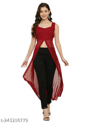 Shimao Trendy Solid Georgette Front-Open High-Slit Sleeveless Kurta for Women