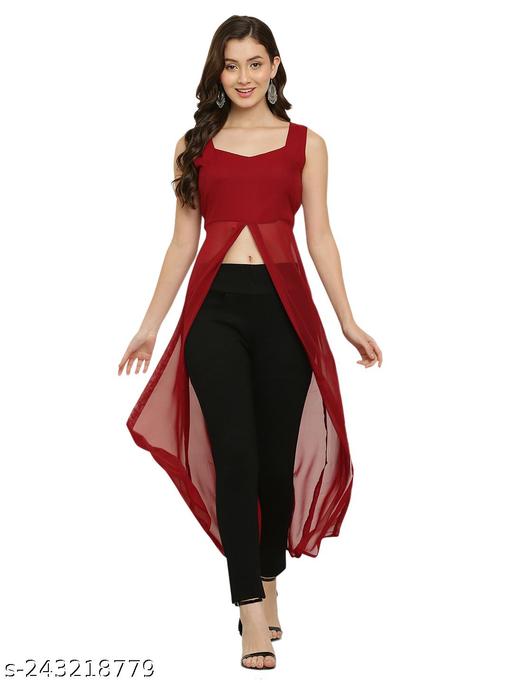 Shimao Trendy Solid Georgette Front-Open High-Slit Sleeveless Kurta for Women