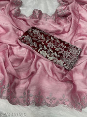 Burbery chiffon Squence Diamond Border Work Saree With Rangoli Emrodary Squence Work Blouse