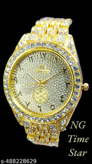 italian fashionable Golden Arbic Time Full diamond analog watch For men and Boys