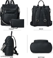 Fashion Backpack Set for Women Girls, Backpack Purse for Women Satchel Handbags Large Capacity Travel Vintage PU Leather Shoulder Bag Black