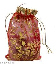 3A Featuretail 25 Pc Net Fabric Drawstring Pouches for Dry Fruits/Small Gifts, Jewellery Packing | Organza Shagun Potli, Wedding or Return Gifts Potli Bags (Red and Golden Printed, 23Cm X 13Cm)
