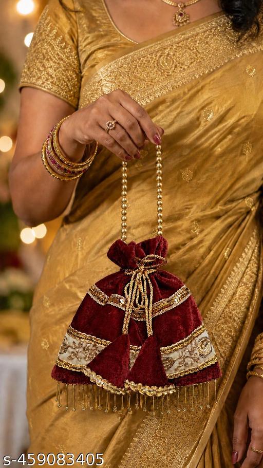 Maroon Lucknowi Velvet Potli Bag For Women & Girls