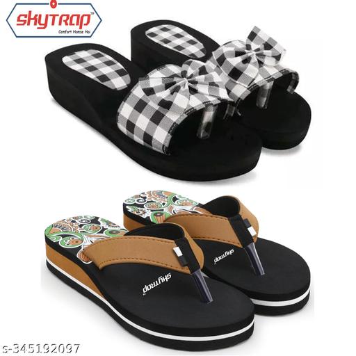 Skytrap Black, Brown Nubuck Eva Stylish & Comfortable Heels Slippers Flipflop for Women & Girls Combo of 2