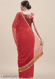 Crush Chiffon Red Tassels and latkans Saree With Blouse