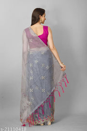 Luxury Soft Net Ethnic Saree with Golden Thread Embroidery, Designer Mirror Work Floral Border and Matching Blouse Piece for Women