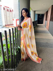 Cotton Linen White Flower Print Saree Designer Bollywood Partywear Wedding Traditional Latest Trends Sari