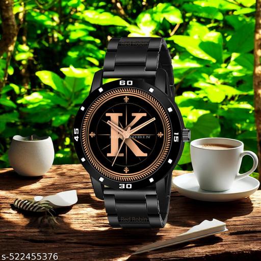 MAVIA WATCHESAnalog Round black Dial ALPHABET K Design Stylish black Strap Classic Design Fancy Watch for Men and Boys, Pack of 1 ALPHABET K-AVO-BLK-CDBLK-1