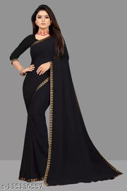 Trendy Black Solid/Plain Daily Wear Georgette Saree