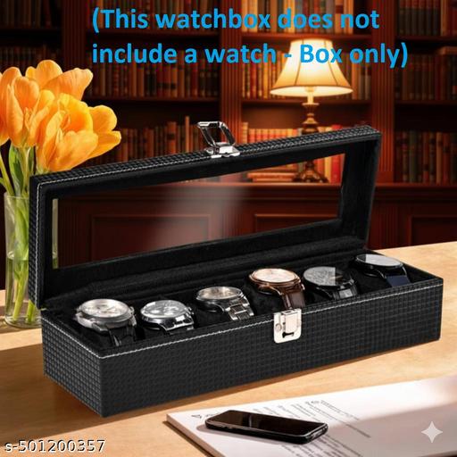 Watch Box Holder Case in 6 slots  Black Rexine & Black velvet (Black, case 6 Watches)